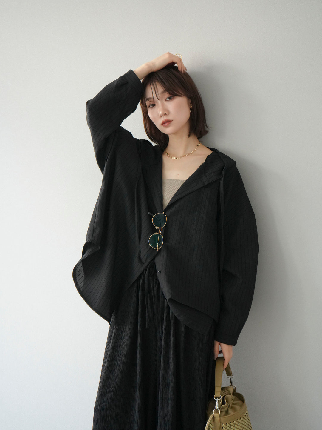 [予約]ワッシャーストライプフーディーシャツ/ブラック