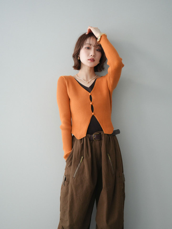 [予約]Vネック配色レイヤードスリットニットトップス/orange