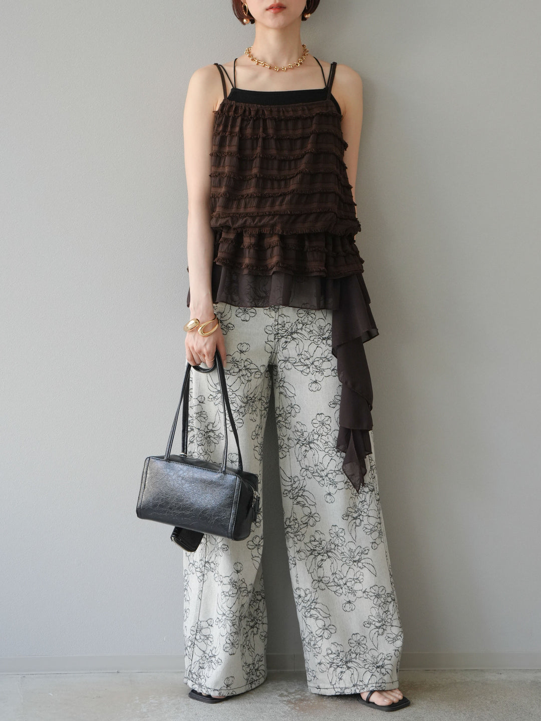 【預購】花朵提花牛仔寬褲/黑