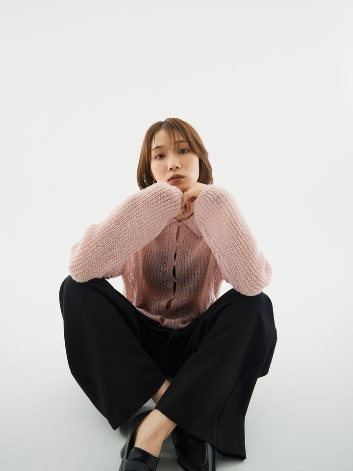 【Allure】[SET]起毛片畦編みシアーポロニット+ラップデザインタックワイドパンツ(2set)