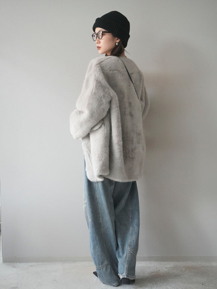 [SET]バッグ付エコファーノーカラーコート+ベルト付カーブデニムパンツ(2set)