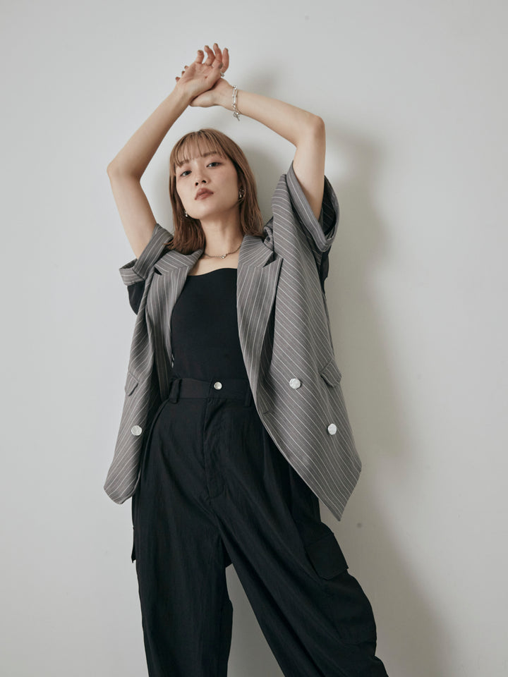 [予約]バックオーガンジーヘリンボーンストライプハーフジャケット/チャコール