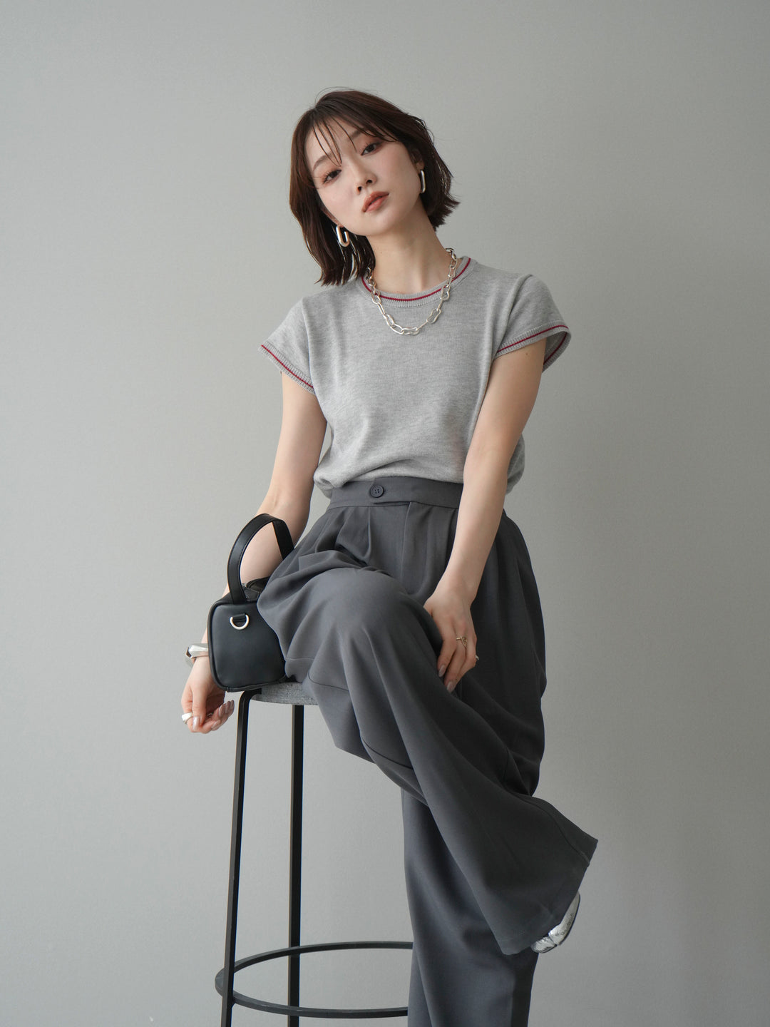 [SET]配色ハーフスリーブニットトップス+メニータックワイドパンツ(2set)