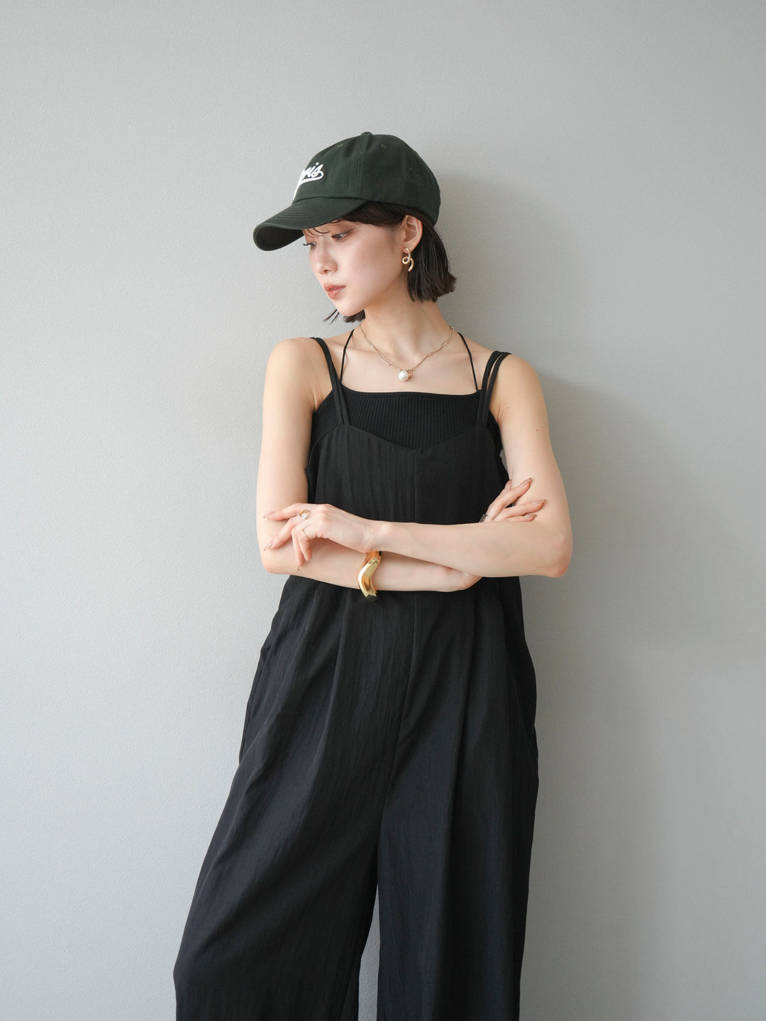 [SET]リネンライクビスチェデザインサロペット+ダブルストラップカットリブブラキャミソール(2set)
