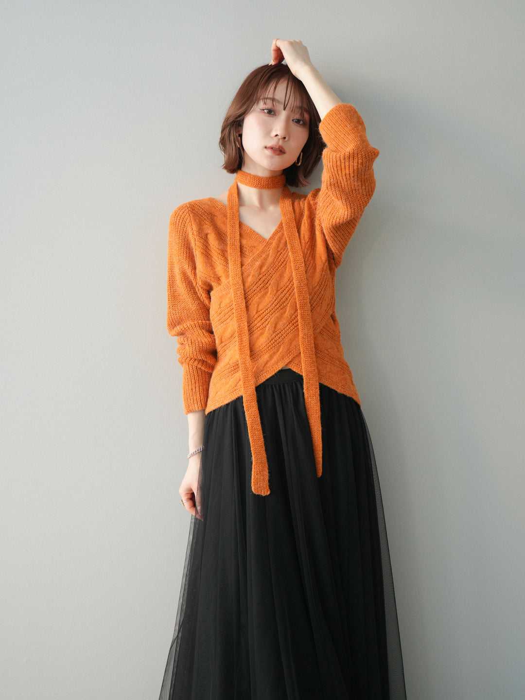[予約]ケーブル編みクロスニットトップス/orange
