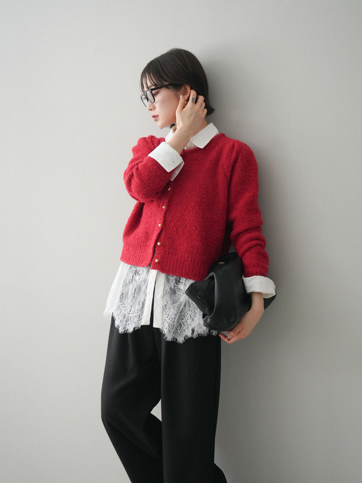 [SET]ゴールドボタンブークレニットカーディガン+総レースボリュームスリーブシャツ(2set)