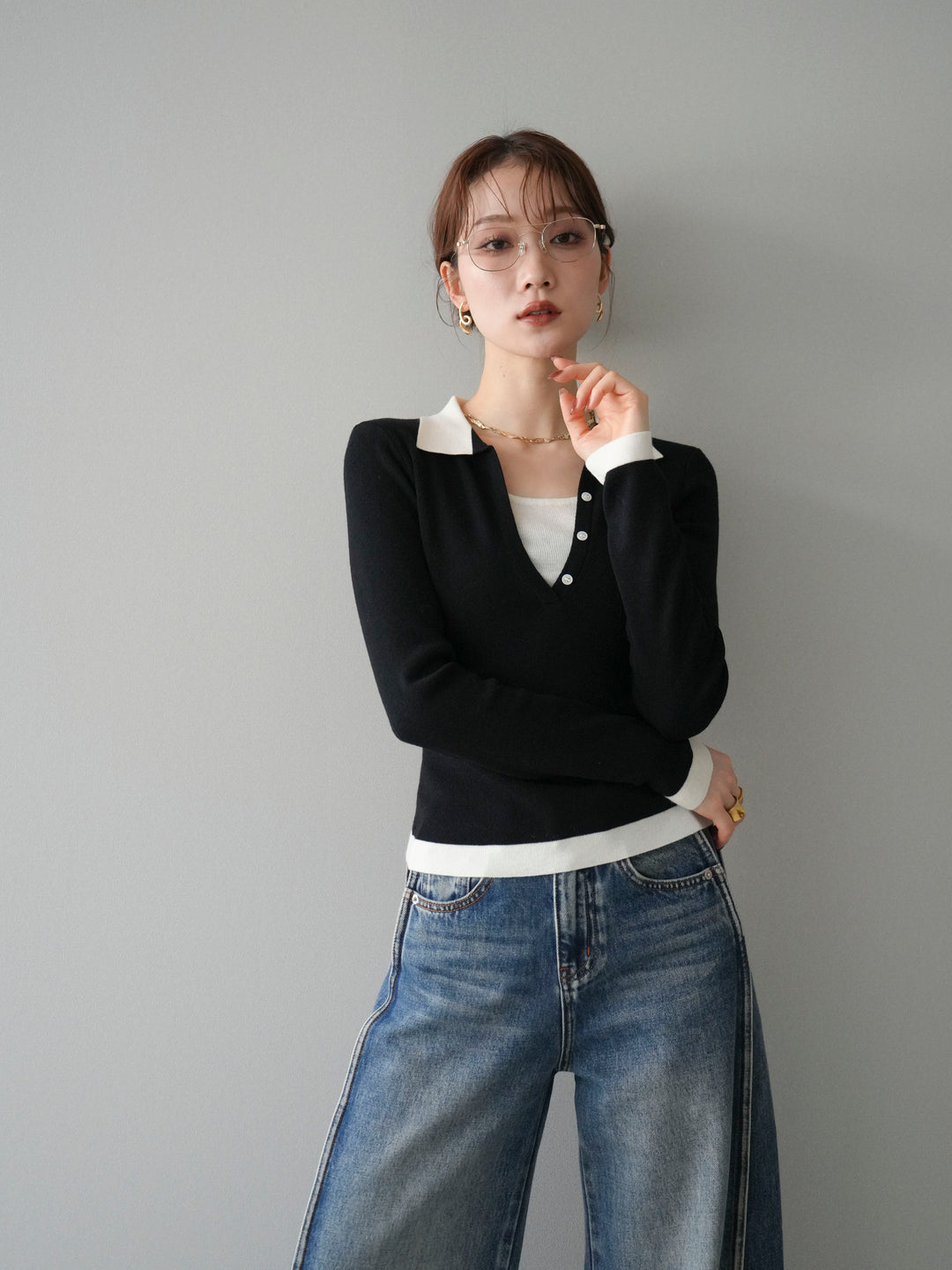 [予約]レイヤード配色ポロニットトップス/black