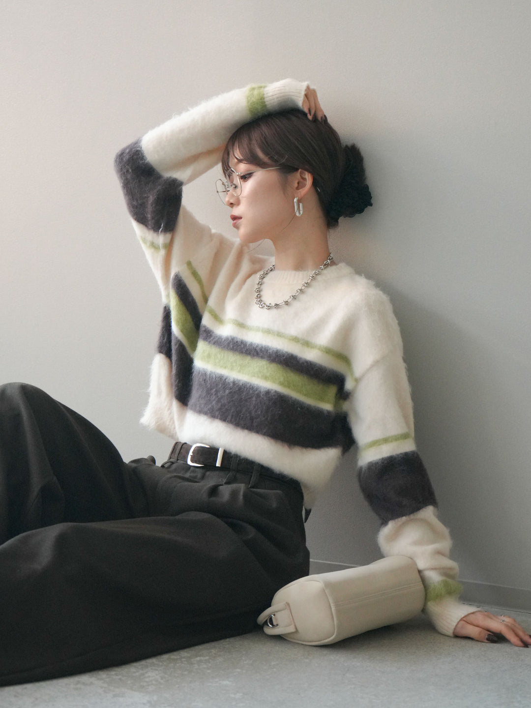 [予約]ソフトタッチボーダークロップドニットプルオーバー/ivory