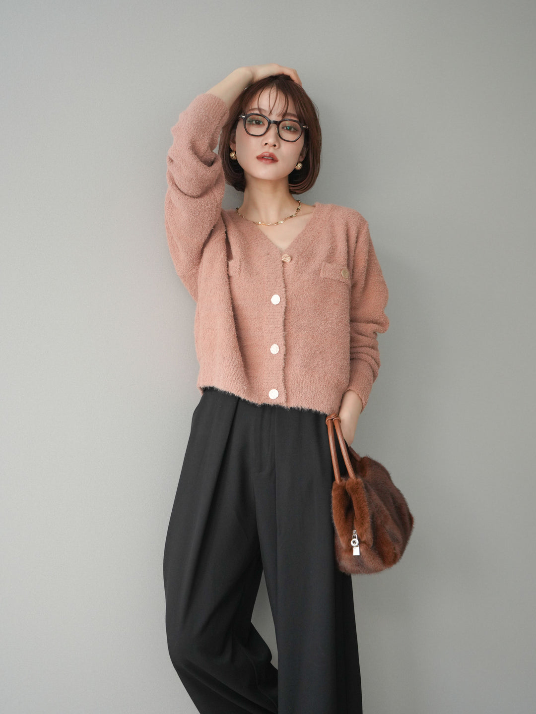 [SET]ゴールドボタンモールニットカーディガン+ベルトループデザインワイドパンツ(2set)