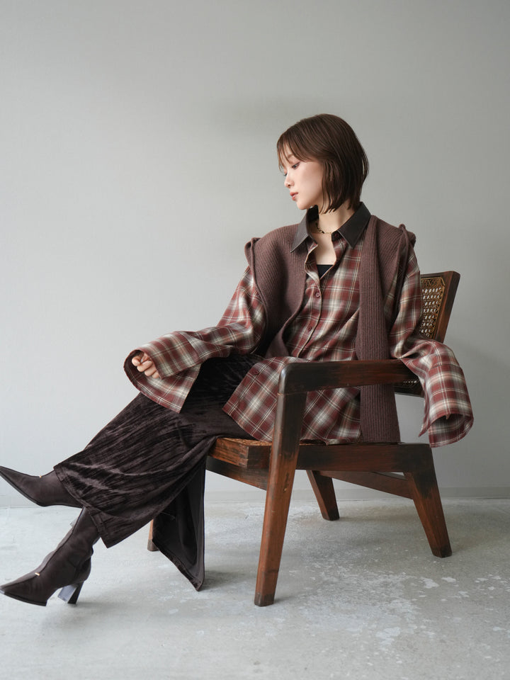 [SET]レザー襟オンブレチェックオーバーシャツ +クラッシュベロアナロースカート(2set)