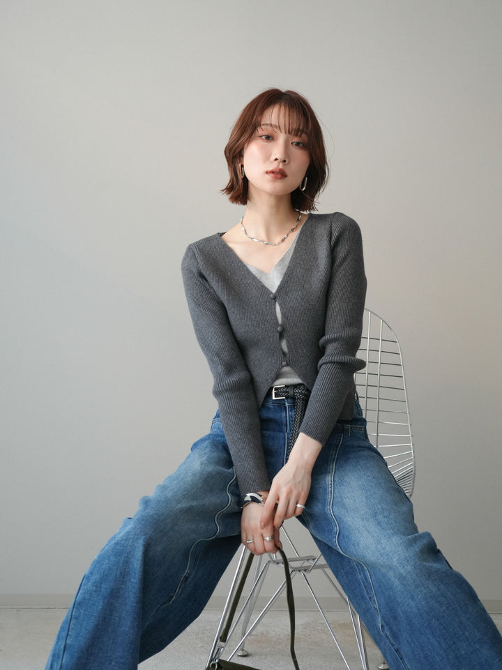 [SET]Vネック配色レイヤードスリットニットトップス+選べるアクセセット(2set)