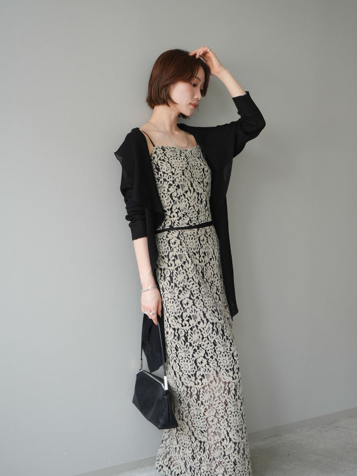 [SET]ドレープリブニットガウン+フルレースキャミ＆IラインスカートSET UP(2set)