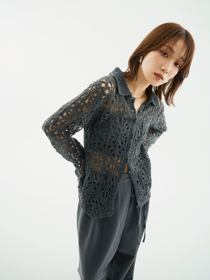 【Allure】[SET]ローゲージ透かし編みポロニッカーディガン+ローゲージ透かし編みポロニッカーディガン(2set)