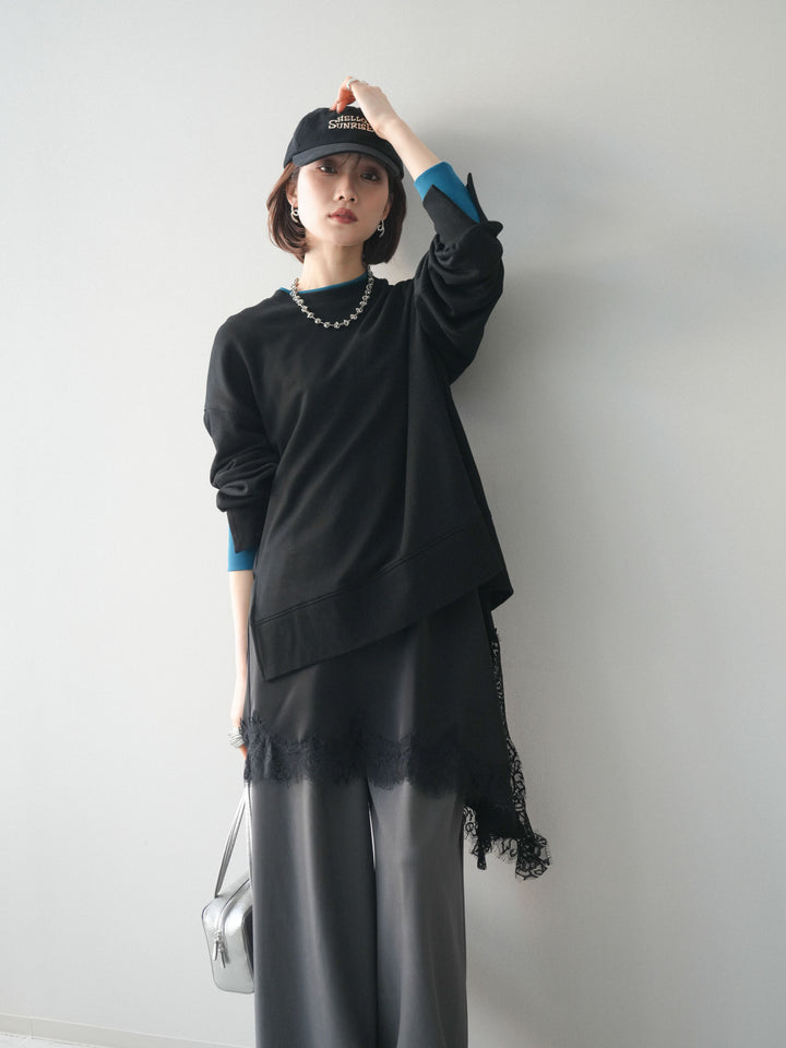 [SET]配色レイヤードデザインスエットプルオーバー+アシンメトリーサテンレースキャミソール(2set)