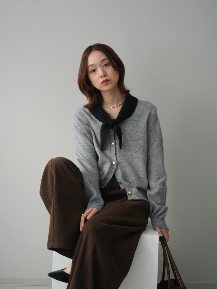 [SET]デザイン襟ニットカーディガン+ベルト付起毛コクーンパンツ(2set)