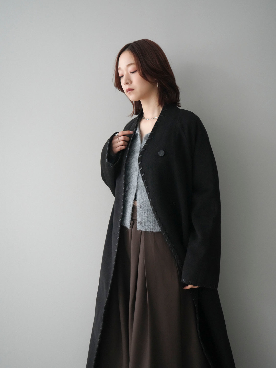 [SET]ハンドステッチ裏中綿ロングコート+テープベルトタックバギーパンツ(2set)