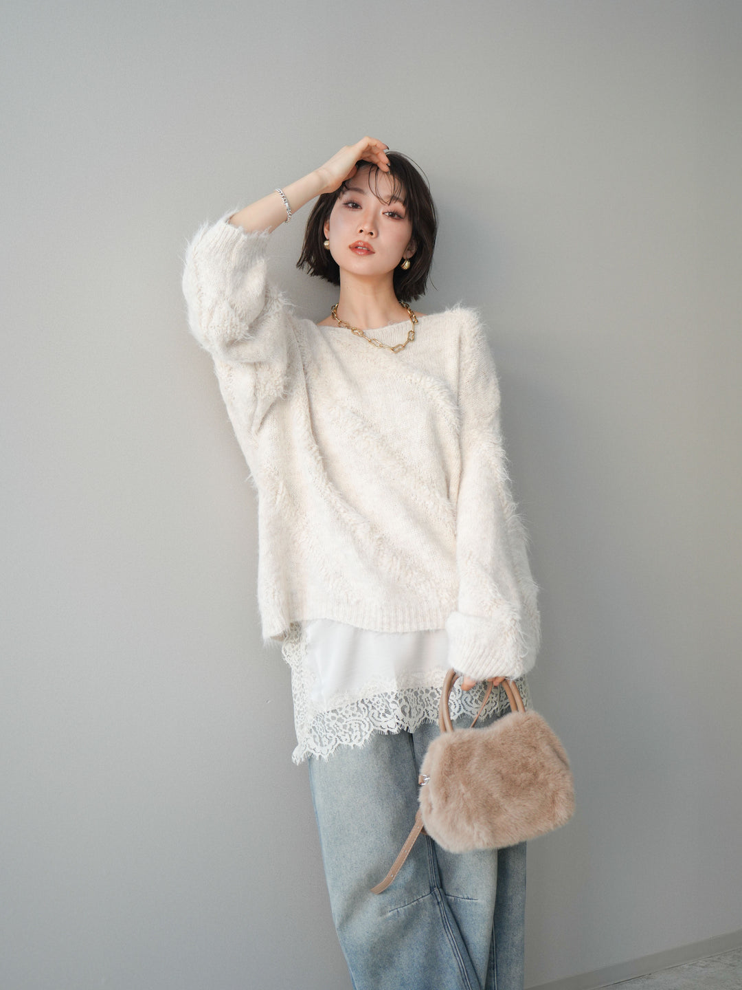 [SET]シャギーデザインニットプルオーバー+シャギーデザインニットプルオーバー(2set)