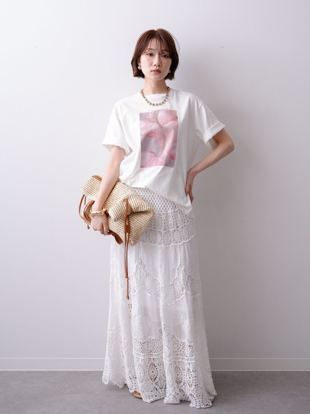 [SET]ニュアンスフローラルフォトTEE+クロシェマキシスカート(2set)