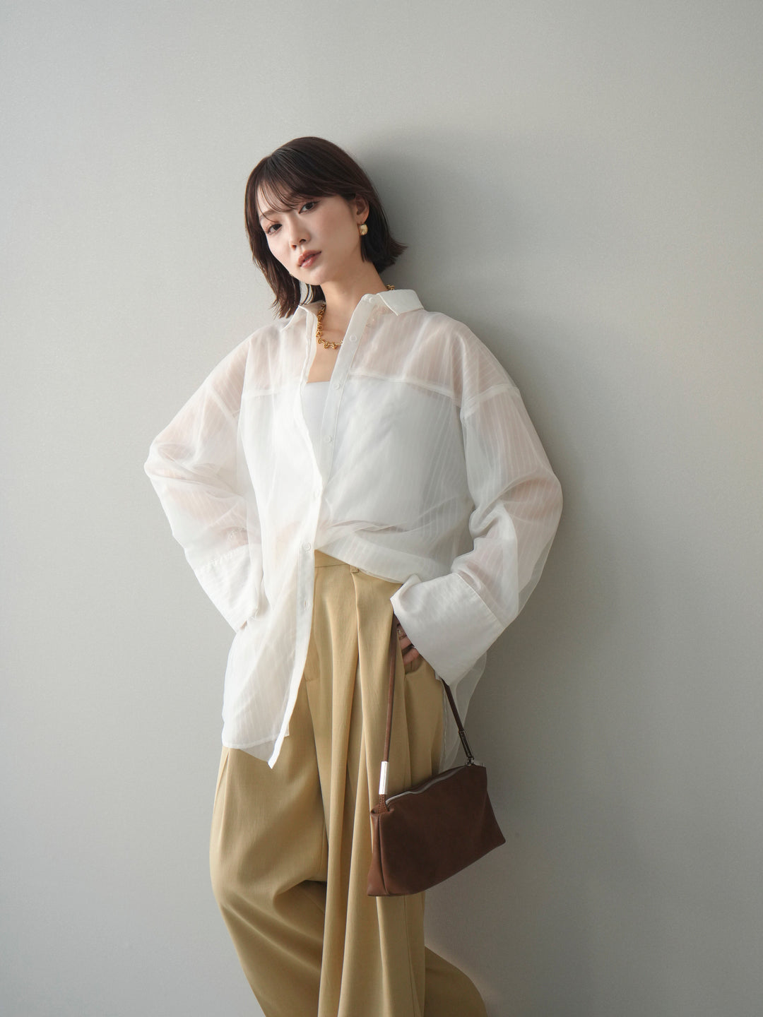 [予約]チュールレイヤードストライプシアーシャツ/offwhite