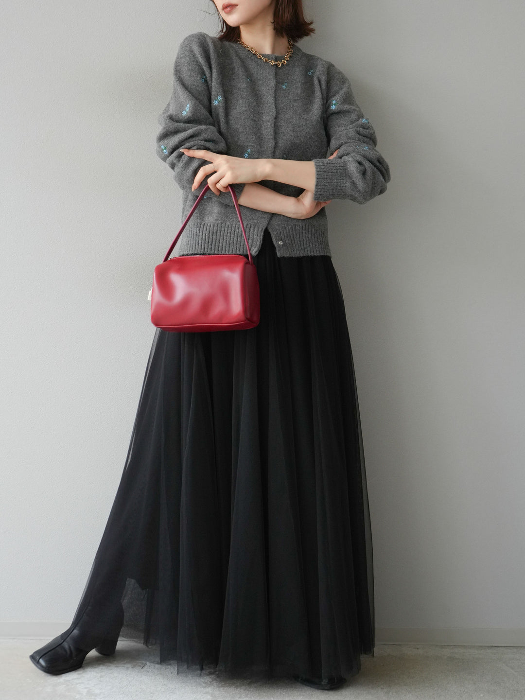 [SET]フラワー刺繍ニットカーディガン+チュールボリュームスカート(2set)