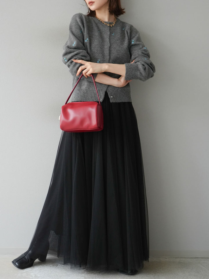 [SET]フラワー刺繍ニットカーディガン+チュールボリュームスカート(2set)