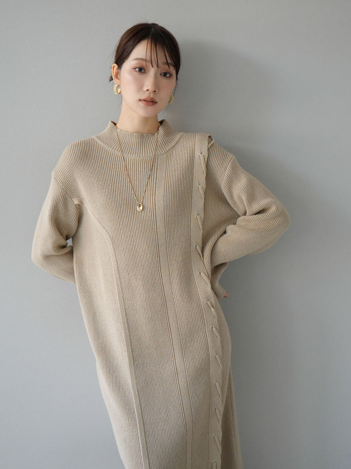 [SET] 不對稱繫帶高領針織連身裙 + 可選飾品套裝 (2套)