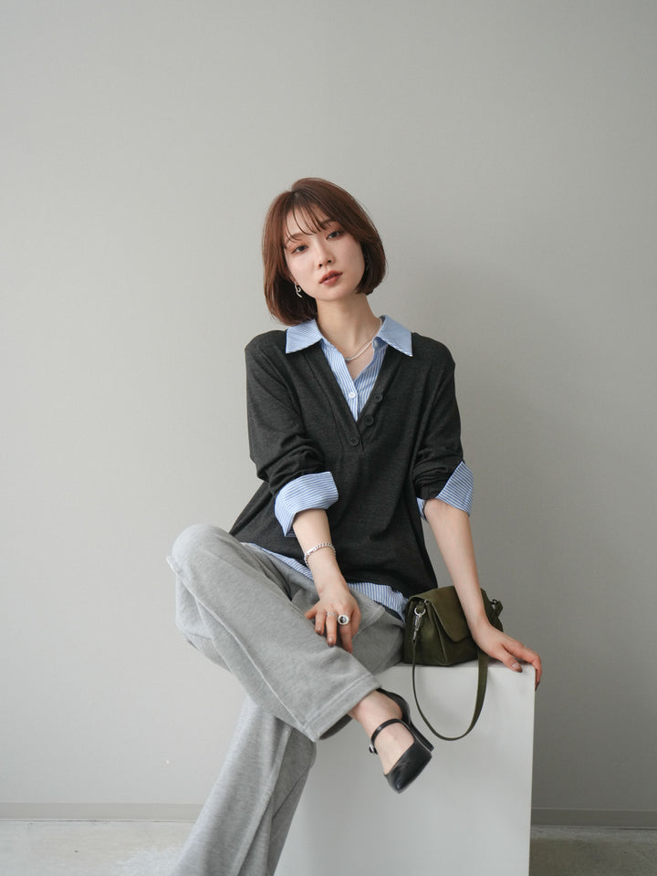 [予約]シャツレイヤードデザインカットプルオーバー/charcoal