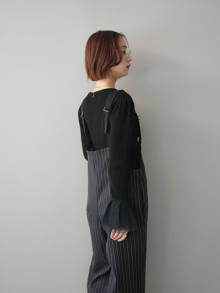 [SET]袖チュールパワショルリブニットトップス+グログランテープストライプサロペット(2set)