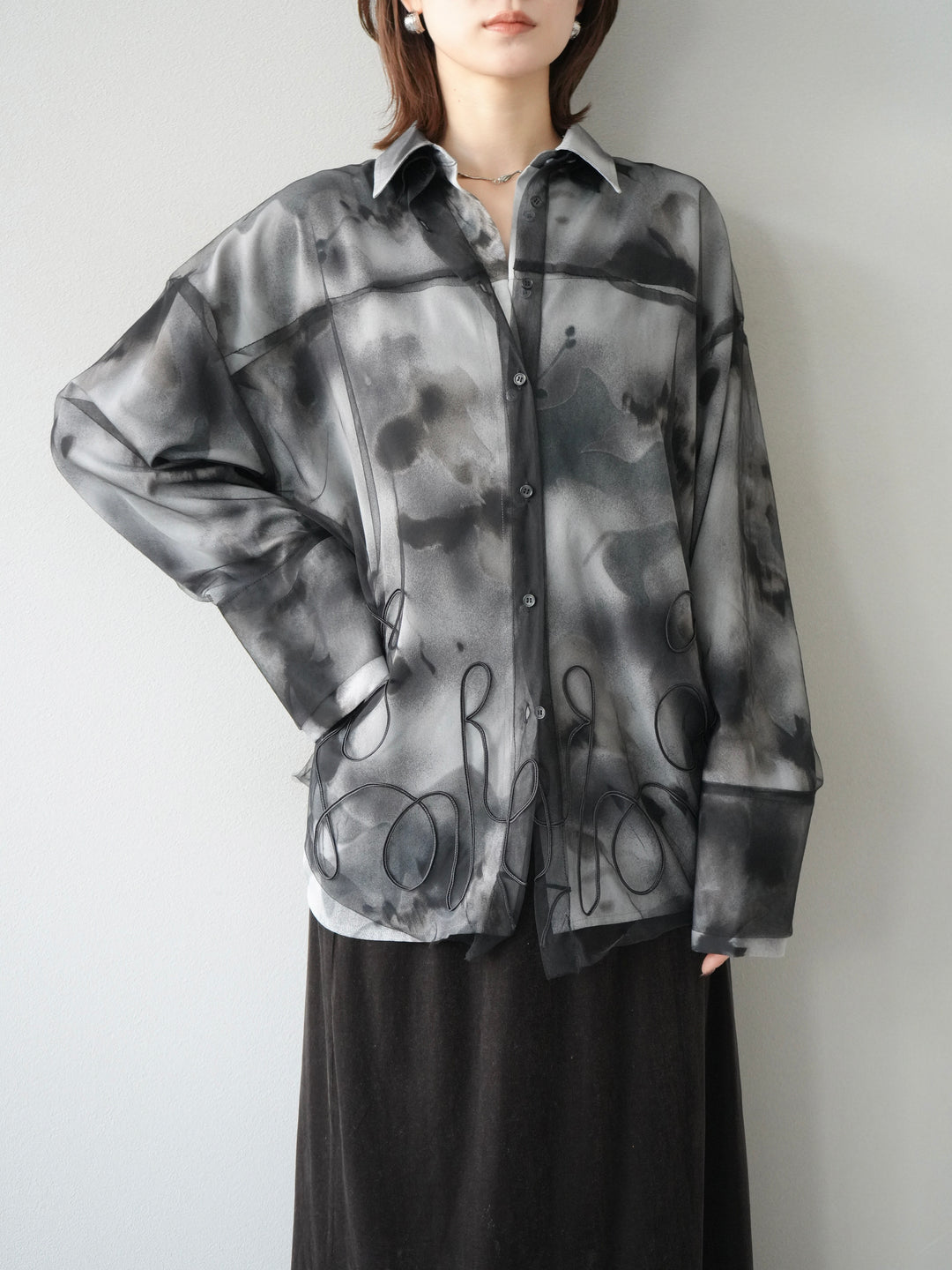 [SET]コード刺繍チュールシャツ＆ニュアンス柄シャツアンサンブル+ベロアナロースカート(2set)