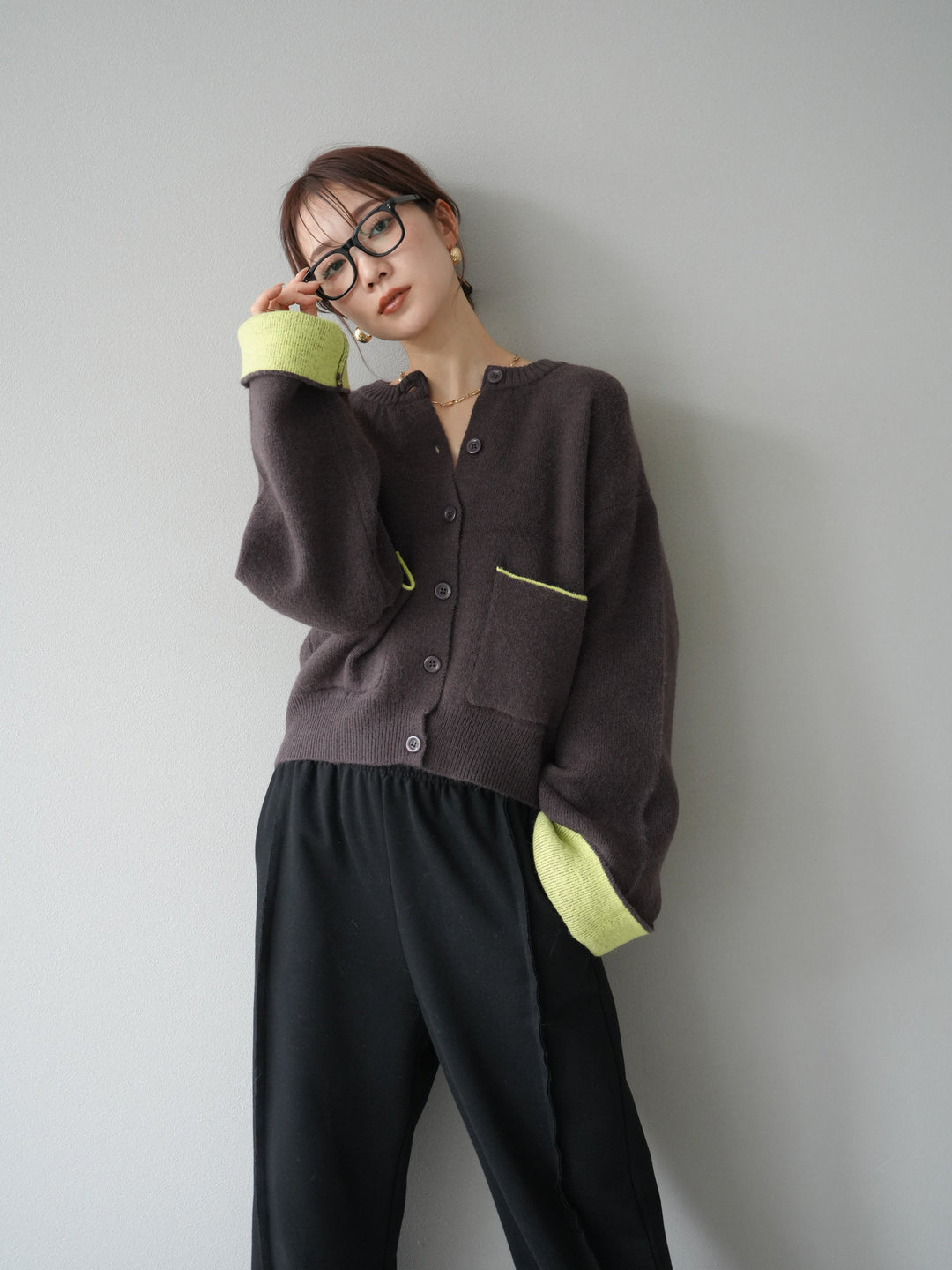 [予約]バイカラーオーバーニットカーディガン/ブラウン