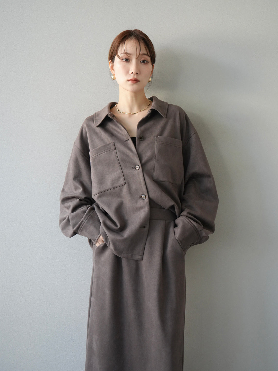 [SET]スエードシャツジャケット+スエードタイトスカート(2set)