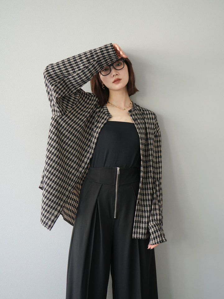 [予約]チェック柄2WAYスリーブバンドカラーシャツ/ベージュブラック