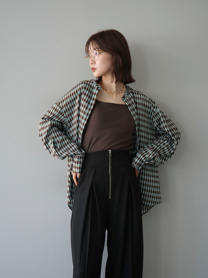 [予約]チェック柄2WAYスリーブバンドカラーシャツ/ブルーブラウン