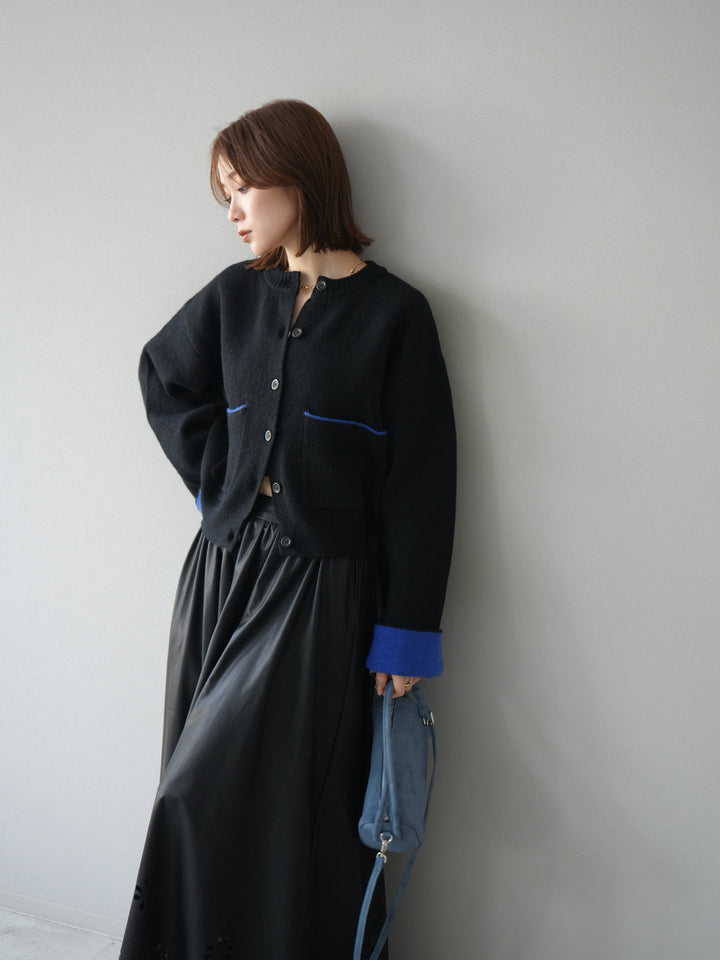 【預購】雙色針織開襟衫/黑色