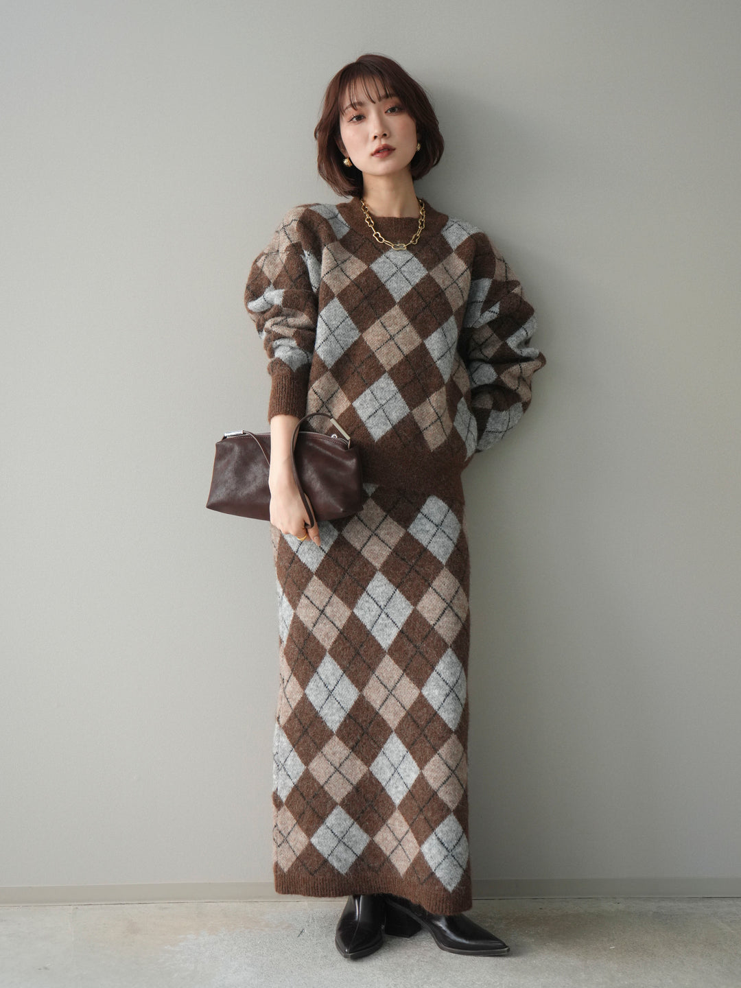 [SET]アーガイルニットプルオーバー&ロングスカートSET UP(2set)