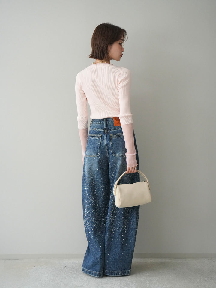 [SET]リブラメシアー切替リブニットトップス+ラインストーンカーブデニムパンツ(2set)
