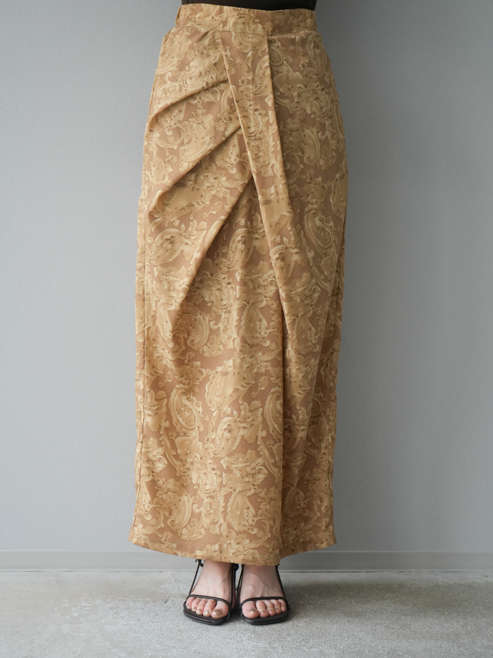 [予約]ペイズリープリントタックIラインスカート/ベージュ