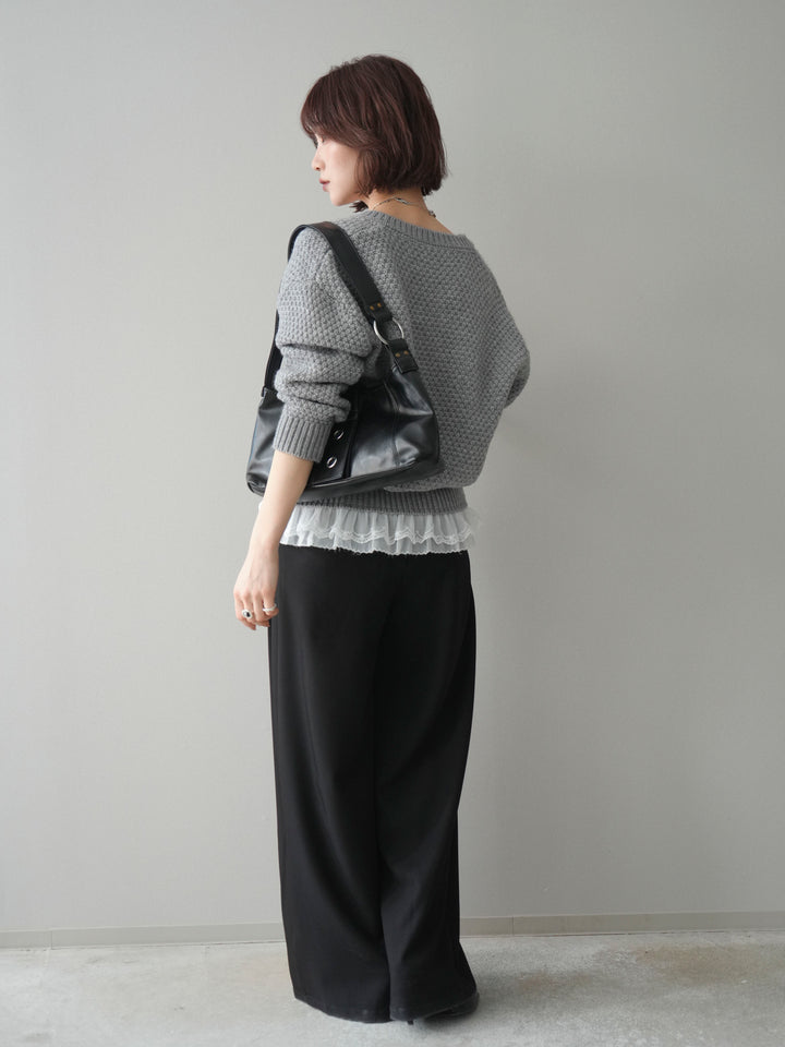 [SET]裾レースケーブルニットカーディガン+ベルトループデザインワイドパンツ(2set)