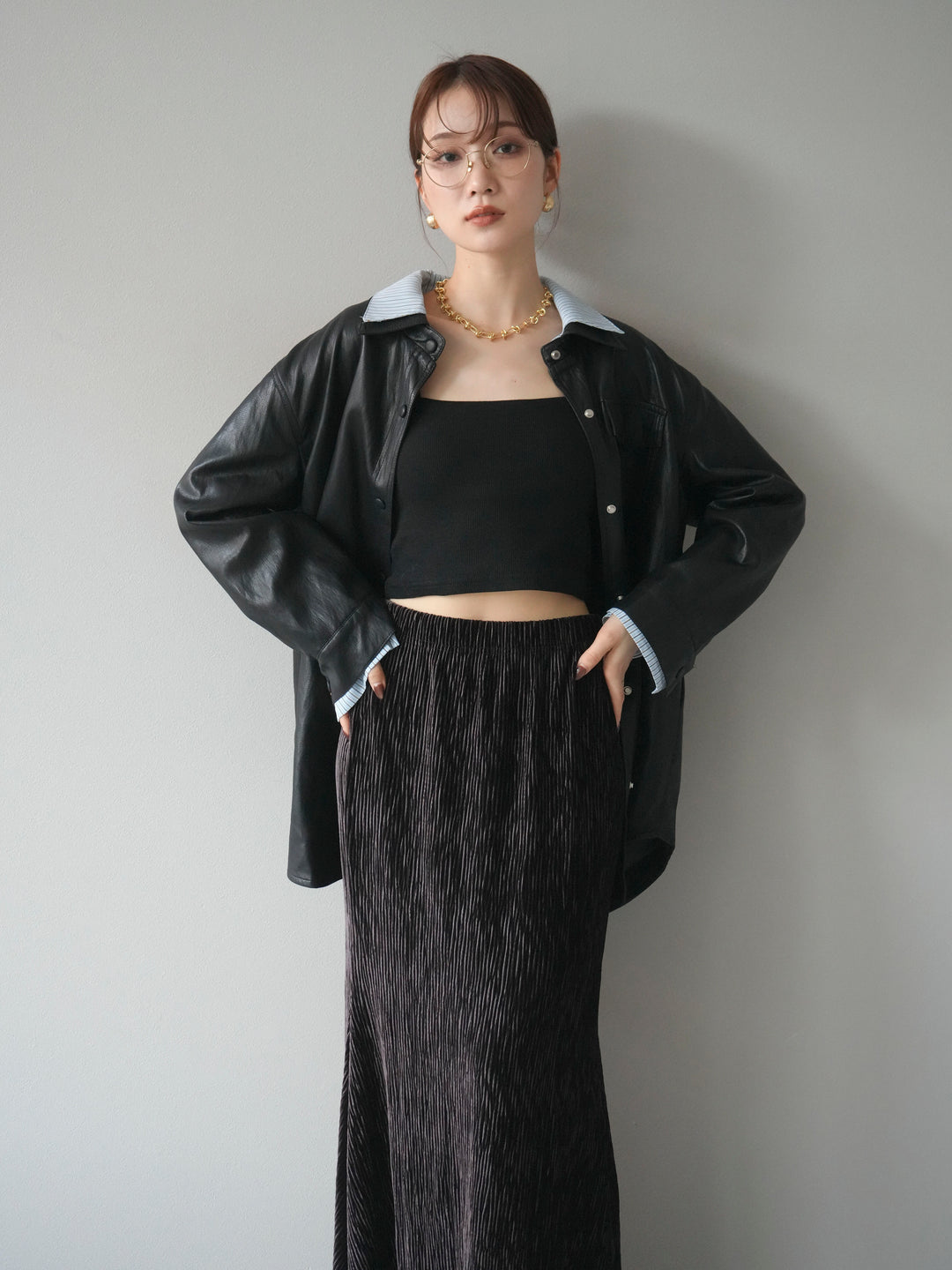 [予約]シャツレイヤードデザインレザージャケット/black