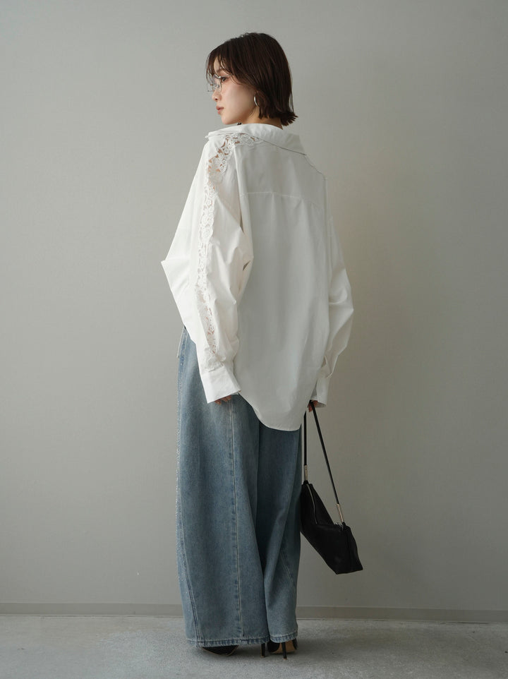 [SET]アームレースブロードシャツ+フロントビジューカーブデニムパンツ(2set)