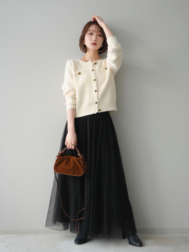 [SET]編みこみアンティークボタンニットカーディガン+チュールストライプボリュームスカート(2set)