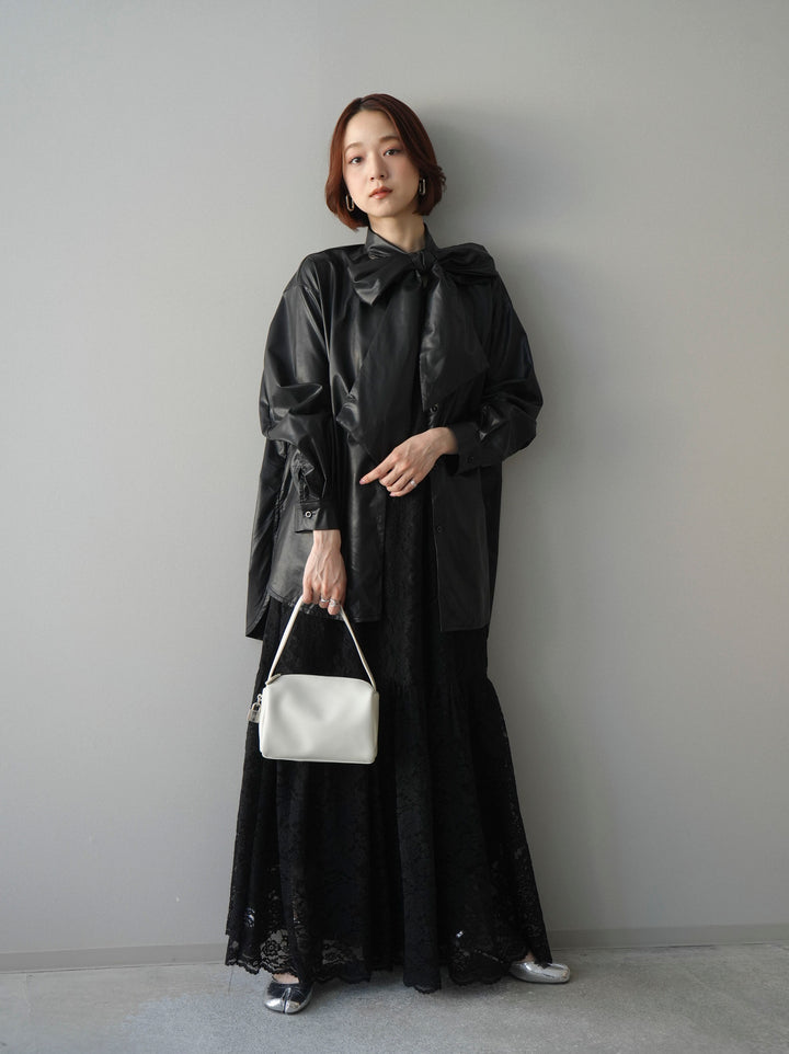 [SET]ギャザー切替レースキャミワンピース+フェイクレザーボウタイブラウス(2set)