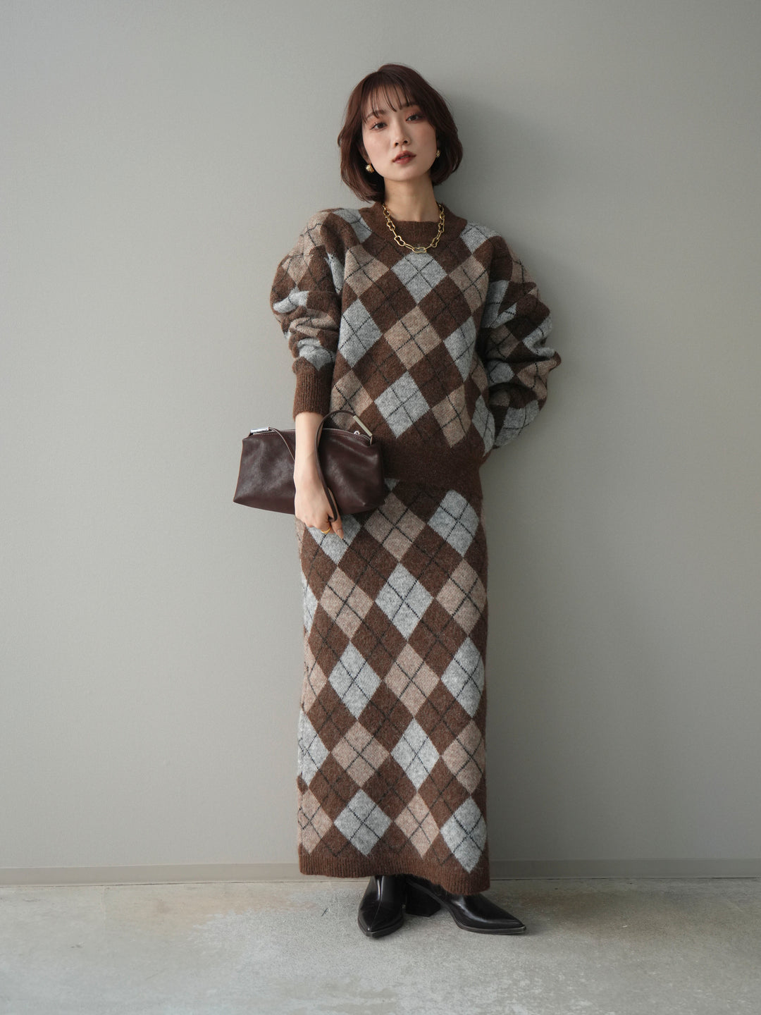 [SET]アーガイルニットプルオーバー&ロングスカートSET UP+選べるアクセセット(2set)