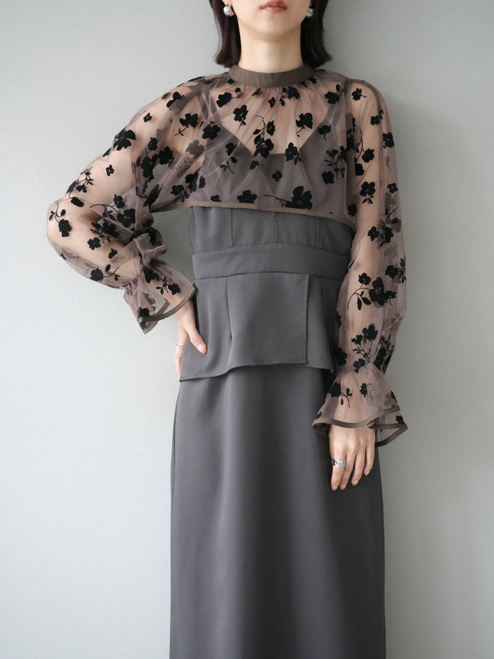 [予約]チュールフラワーフロッキーショートブラウス/ブラウン