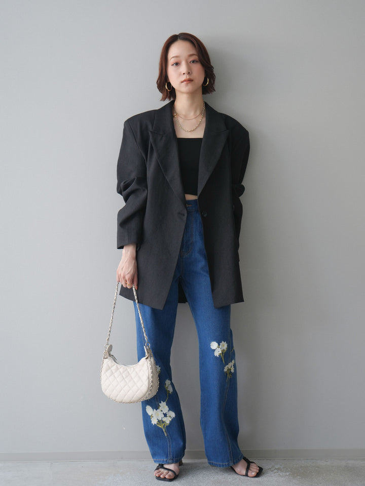 [予約]フラワー刺繍ストレートデニム/indigo