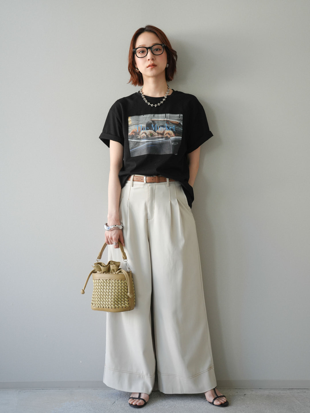 [予約]配色ステッチワイドタックパンツ/beige