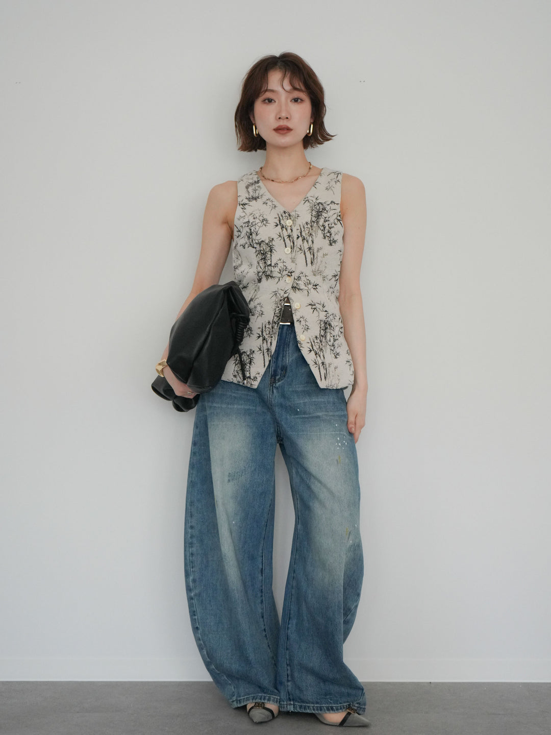 [予約]ベルト付ペイント加工カーブデニムパンツ/blue