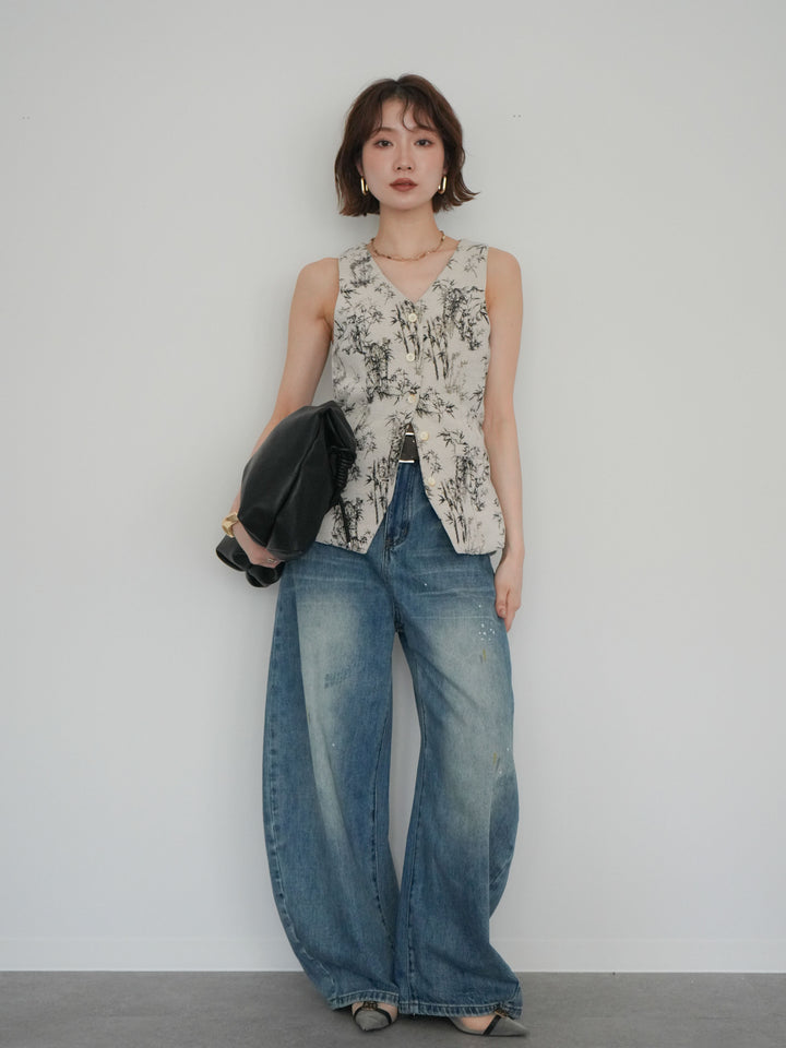 [予約]ベルト付ペイント加工カーブデニムパンツ/blue