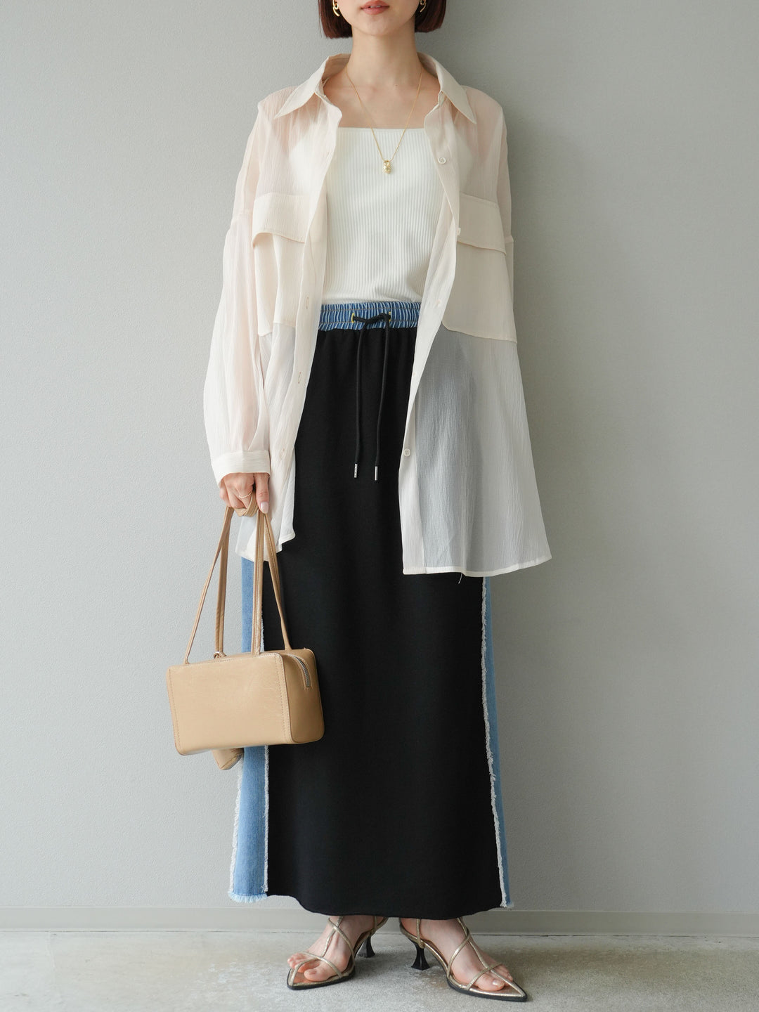 [予約]デニムドッキングスウェットスカート/ブラック