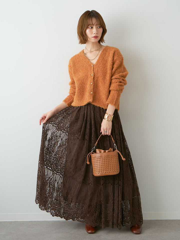 [予約]ベロアレイヤードチュールフレアスカート/brown